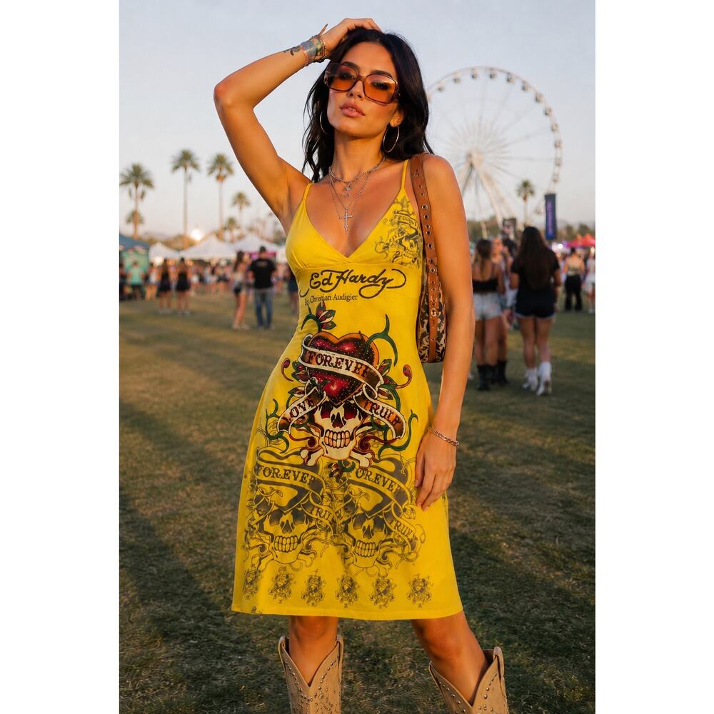 Ed Hardy Yellow Forever Love Forever True Skull Rhinestone Y2K Dress S Festival